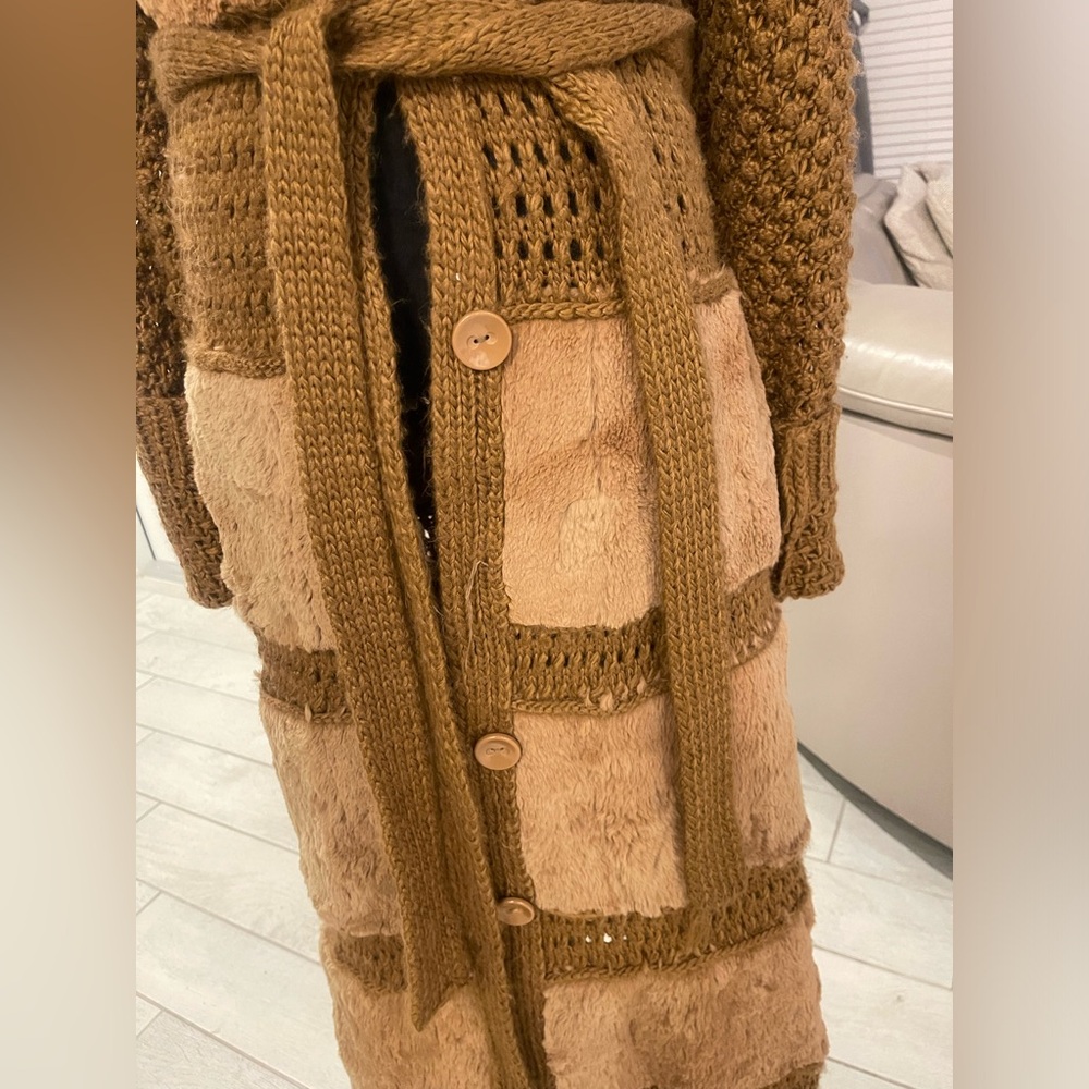 RARE Vintage Y2K Lili rose rabbit fur 100% wool knit patchwork boho belted coat - Picture 6 of 13